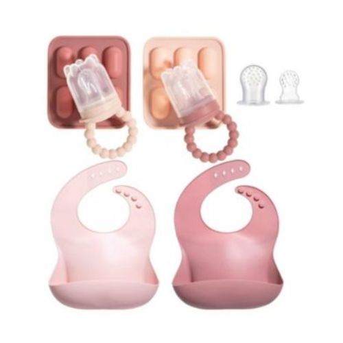 Silicone Baby Fruit Feeders and Baby Bibs Set - First Stage Baby Must-Haves, Gum-Friendly, BPA-Free, Easy to Clean Feeding Accessories for Infants