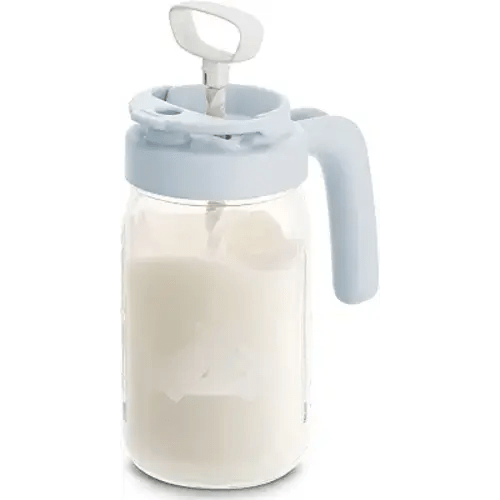 Papablic Glass Breastmilk Pitcher, Fast Baby Formula Maker with Mixing Handle Lid, Wide Mouth Mason Jar Breast Milk Storage Container with Flip-Lock Spout, BPA-Free, Blue.