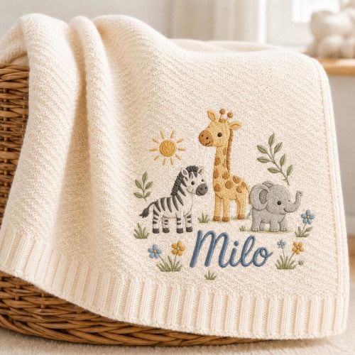 Personalized Safari Baby Blanket with Name - Embroidered Safari Animals, Soft Knit Nursery Blanket, Baby Shower Gift