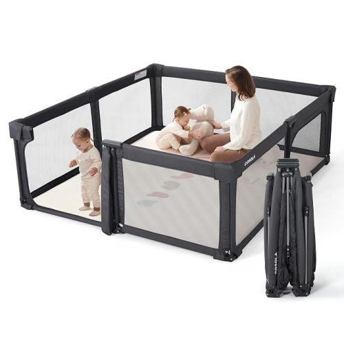 Baby Playpen Portable, Pre-Assembled Play Pen 71x79 Large Foldable Playpen for Babies and Toddlers, Sturdy and Safe Toddler Play Yard Indoor Outdoor with Carry Bag, Light Khaki