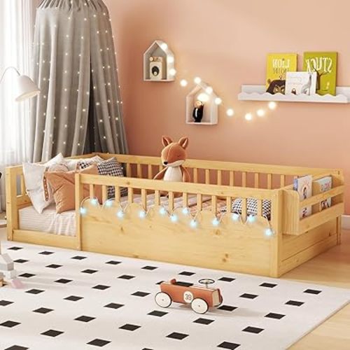Twin Floor Bed for Toddlers with High Rails, Wooden Montessori Bed Frame with Light and Storage Shelf, Twin Size Low Bed Frame for Girls and Boys, Natural