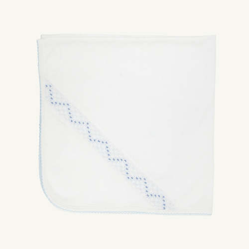 Sweetly Smocked Blessing Blanket - Worth Avenue White with Buckhead Blue