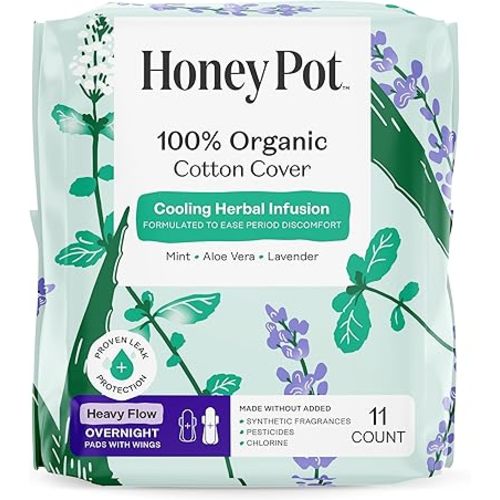 The Honey Pot Company - Herbal Sanitary Pads for Women - Heavy Flow Overnight w/Wings - Infused w/Essential Oils for Cooling Effect & Organic Cotton Cover - Feminine Care - 11 ct