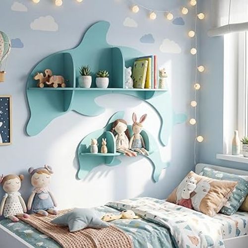 Costzon 2 Pieces Floating Dolphin Shelves, Wall Mounted Kids Bookshelf w/Compartments, Cute Corner Bookshelves, Space Saving Wall Shelves for Kid's Room, Nursery, Playroom & Bedroom (Dolphin)