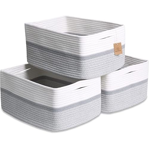 NaturalCozy Storage Baskets 16.8”x13”x7.6” Cotton Rope Woven Baskets for Organizing 3-Pack | Toy Storage Bins | Basket for Shelves, Laundry, Blanket, Clothes, Closet, Kitchen, Bathroom, Gifts