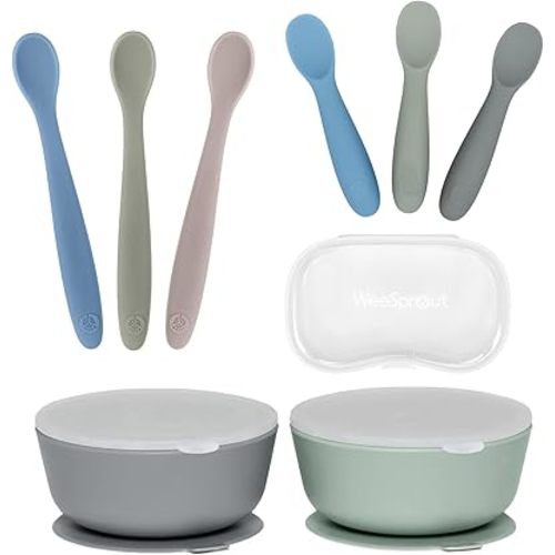 WeeSprout 2 Silicone Suction Bowls, 3 Self Feeding Baby Spoons & 3 Toddler Spoons Bundle - Soft-Tip Utensils Dinnerware - Dishwasher & Microwave Safe - Travel Case Included
