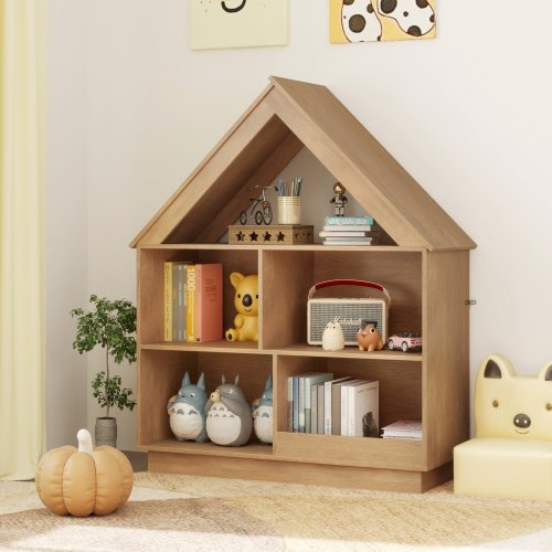 Wooden Dollhouse Bookshelf for Kids 3 Tier House Shaped Storage Organizer with Shelves - 34.5" x 13.5" x 42.5"