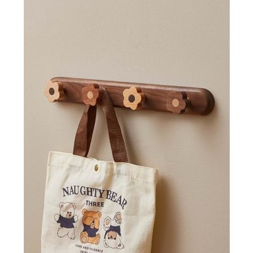 Kids Coat Rack Wall Mount - Wood Cute Flower Coat Hooks for Hanging Clothes,Purse,Robe,Towels,Backpack,Modern Decorative Walnut Wall hooks Heavy Duty Hanger for Girls Nursery,Bathroom,Entryway&Bedroom
