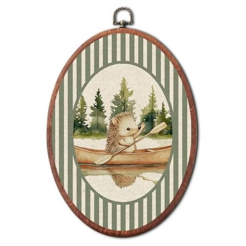 VALTRIXA Vintage Hedgehog Canoe Nursery Oval Wall Art, Retro Woodland Animal Decor Wall Art Hanging Decor, Green Striped Canvas Prints Framed for Bedroom Playroom Decoration, 8.6x11.4 Inch