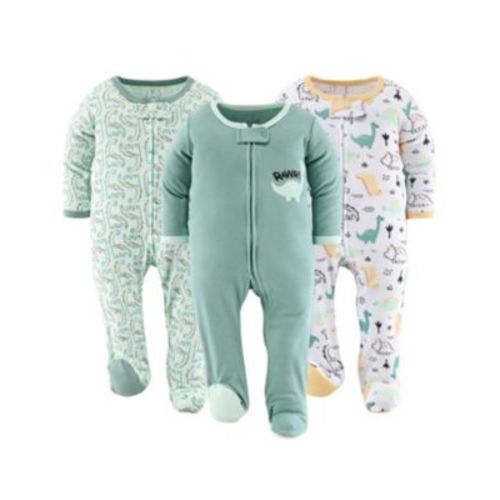 Green Dino Footed Baby Sleepers for Boys, 3 Pack