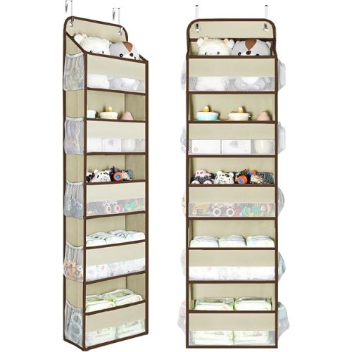 Yecaye 2 Pc Over the Door Organizer with 5 Bins 10 Side Pockets, 44lbs Load Hanging Bathroom and Bedroom Organizer, behind the Door Hanging Organizers for Nursery Newborn Baby Essential Stuff Beige