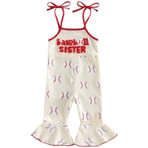 Baby Girl Baseball Outfit Baseball Sister Embroidery Spaghetti Strap Overall Romper Jumpsuit Toddler Bell Bottom Pants