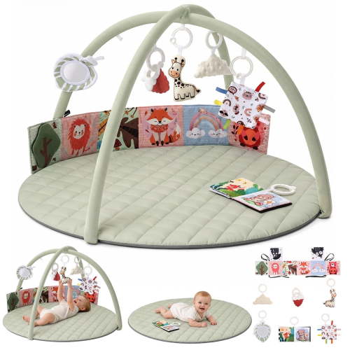 Baby Gym Play Mat, Caveen Baby Playmat Activity Mat with 6 Detachable Toys for Stage-Based Sensory & Motor Skill Development, Easy to Install & Clean, Baby Essentials, Green