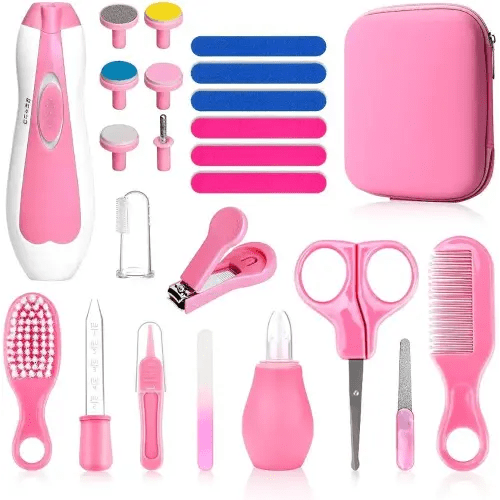 Baby Grooming Kit, Infant Safety Care Set with Hair Brush Comb Nail Clipper Nasal Aspirator,Baby Essentials Kit for Newborn Girls Boys, Pink-24- in-1