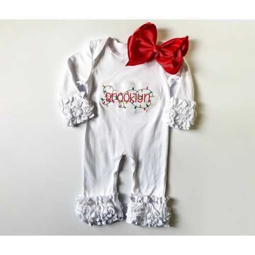 Toddler Baby Girl Monogrammed Christmas Bodysuit, Ruffle Cuff, Cute Christmas Tree Design, Customized Outfit