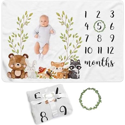 Baby Monthly Milestone Blanket Boy or Girl Woodlands Baby Milestone Blanket Premium Fleece Monthly Baby Milestone Large Size Milestone Blanket for Baby Boy Baby Photo Blanket