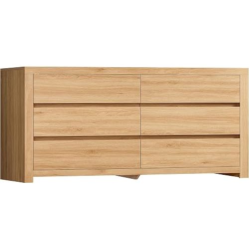TEENFON 55" Dresser for Bedroom with 6 Drawers, Modern Dressers & Chests of Drawers with Metal Handles, Wooden Dresser TV Stand, Bedroom Dressers, for Bedroom, Hallway, Natural
