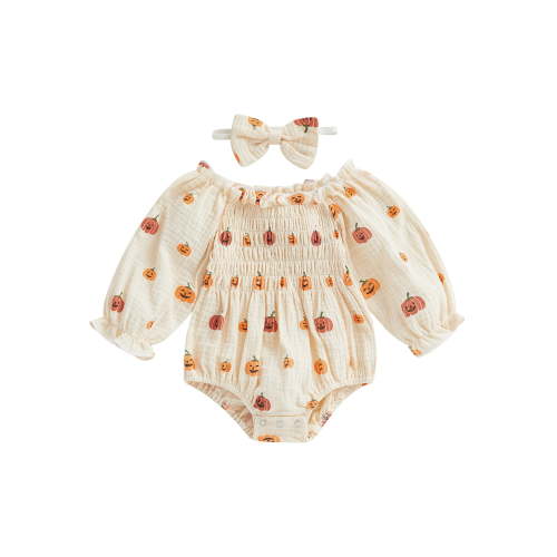 Loicainy Infant Baby Girl Halloween Bodysuit 6 12 18 24 Months Cartoon Pumpkin Print Ruched Off Shoulder Long Sleeve Romper + Bow Headband