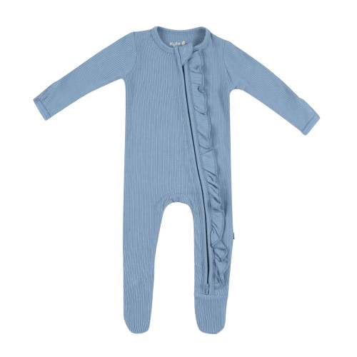 Ribbed Ruffle Bamboo Zipper Footie in Slate | Kyte Baby