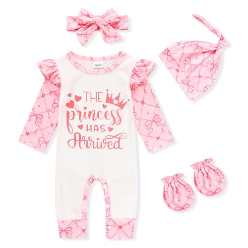 GRNSHTS Newborn Baby Girl Romper Infant Letter Print Jumpsuit Floral Bodysuit+Hat+Headband+Gloves Coming Home Clothes Outfits