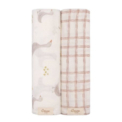 Crane Baby Muslin Swaddle Blanket 2pc - Charlie Farmhouse Goose/Check
