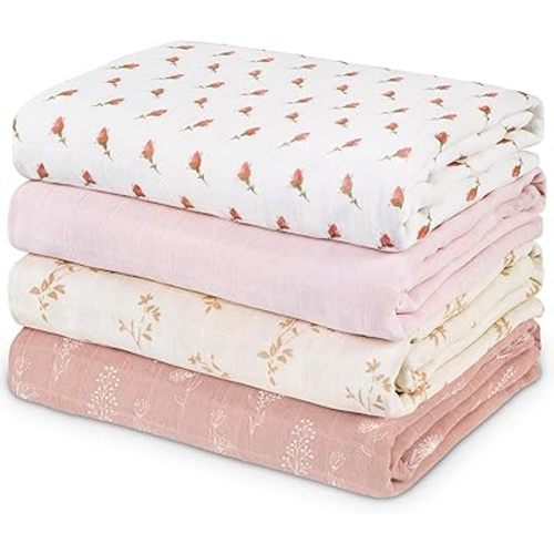 Muslin Swaddle Blankets for Newborn, 4 Pack Cotton Baby Blankets for Girls, Large 31.5 x 43.3 Breathable Soft Receiving Blanket, Essentials Swaddle Wrap Burping Clothes, Flowers