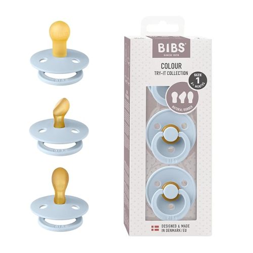 BIBS Pacifiers 0-6 Months | 3-Pack Soothers | BPA-Free Symmetrical Nipple | Made in Denmark | Ivory Try-It Collection (Baby Blue)