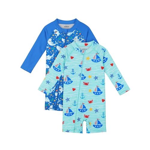 AlisOker 2 Pack Baby Toddler Boys Swimsuits UPF 50+ Sun Protection Long-Sleeve Rash Guards Baby Dry Fit Bathing Suit with Zip