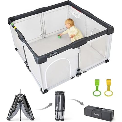 Tinyiota Foldable Baby Playpen, 50x50 Inch Portable Play Yard for Babies and Toddlers with Soft Breathable Mesh, Storage Bag & 2 Pull-Toy Handles for Indoor & Outdoor (Grey, 50x50)