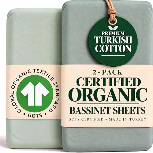 GOTS Organic Bassinet Fitted Sheets 33x20 for Maxi-COSI Iora, Koola Baby, Baby Joy, Angelbliss, Kidsclub | Luxuriously Thick 190 GSM Organic Cotton | 2-Pack Bedside Sleeper Sheets