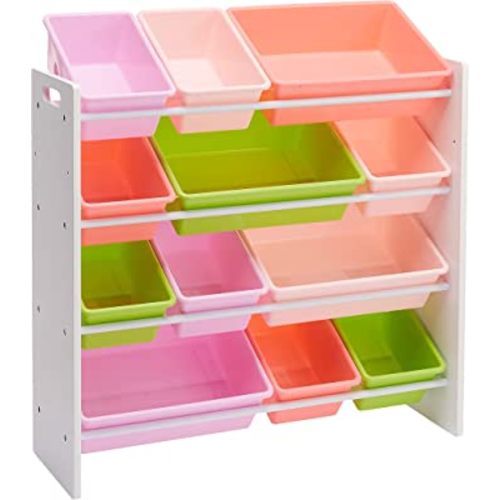 Amazon Basics Kids Toy Storage Organizer With 12 Plastic Bins, White Wood With Pink Bins, 10.9" D x 33.6" W x 31.1" H