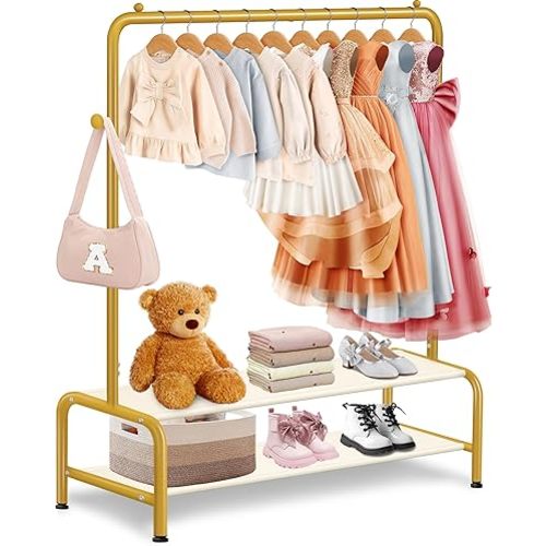 Kids Gold Clothing Rack - Dress Up Clothes Rack - Baby Toddler Closet - Freestanding Coat Racks with 2 Fabric Shelves - Small Kids Costume Wardrobe - Garment Rack for Hanging Clothes Organizer