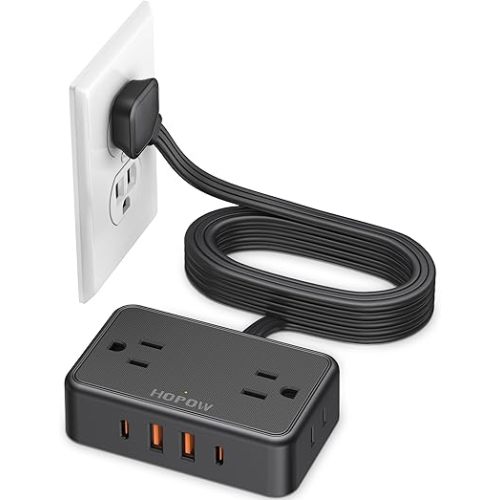 Flat Plug Extension Cord, 6 Ft Ultra Thin Power Strip, 4 AC Wide Spaced outlets and 4 USB (2 USB-C) Ports, No Surge Protector for Cruise Ship, Travel, Dorm Room Essentials (Black)
