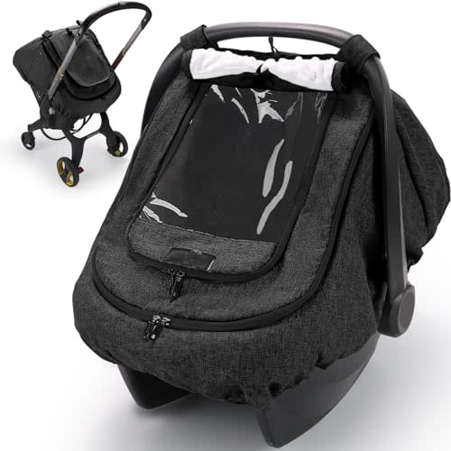 Waterproof Baby Car Seat Cover, Infant Car Seat Cover Canopy Windproof Rainproof for Baby Boys Girls, 2 Layers with Clear and Mesh Window Protect Baby from Rain Snow and Sunlight - Black