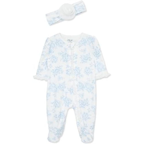 Little Me Clothes for Baby Girls 100% Cotton 2Pc Zipper Closure Footie and Headband Set, Baby Essentials