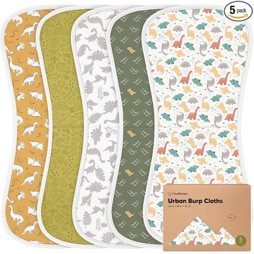 Organic Burp Cloths Baby Boy & Girl - 5-Pack 100% Cotton Burping Cloths for Babies, Super Absorbent & Soft Newborn Spit Up Rags, Infant Towels for Milk Spit Up, Unisex, Large 21" x 10" (Mesozoic)