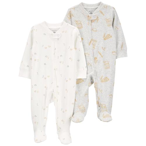 Baby 2-Pack 2-Way Zip Cotton Blend Sleep & Play Pajamas - 3M - Style,White/Grey