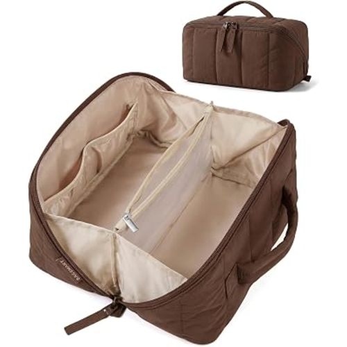 BAGSMART Women's Puffy Travel Makeup Bag, Open Flat, Coffee