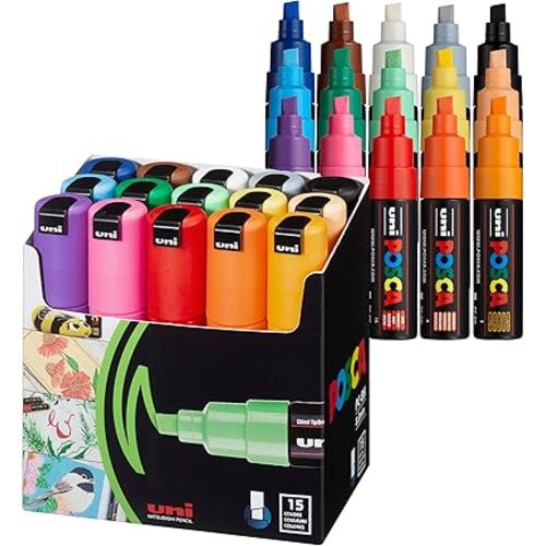 posca Acrylic Paint Markers, 8K Broad Bold Thick Chisel Tips, Artist Recommended Pens for Coloring Gifts, Fabric, Canvas, Glass, Wood or Metal, Set of 15