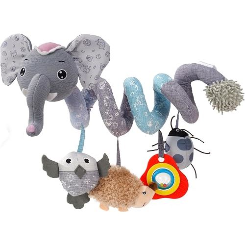 Jollybaby Crib Stroller Car Seat Toys for Baby 0-3-6-9-12 Months, Tummy Time Hanging Sensory Toys for Newborn with Music Box and Teether, Spiral Carseat Toy for Boys Girls Gifts (09-Sz Gray Elephant)