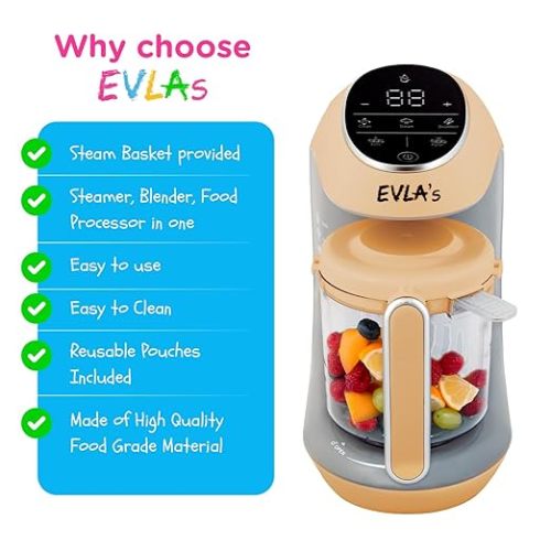 EVLA'S Baby Food Maker, Steamer, Blender, Baby Food Processor for Healthy Homemade Baby Food in Minutes, Touch Screen with 6 Reusable Food Pouches, Baby Registry Essential, Peach