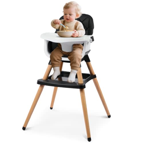 Kinder King 7 in 1 Wooden High Chair for Babies and Toddlers, Booster Seat | Convertible Baby High Chair, 3-Depth Dual Dishwasher Safe Tray, 5 Point Harness, Large Storage Footrest, Infant Highchair