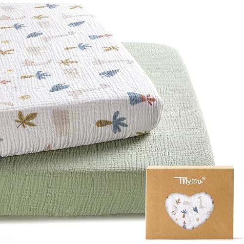 TILLYOU Muslin Mini Crib Sheets 2 Pack, Pack and Play Mattress Sheets Fitted for Pack N Play, 38 x 26 Sheet for Toddler, Forest Green and Light Green