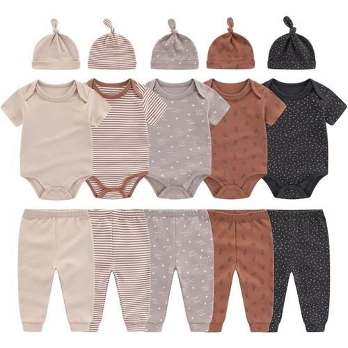 0-12 Months Unisex Baby Pants Sets New born Bodysuit and Hats 15 Pack Boy Girl Infant Comfort Outfit Clothes