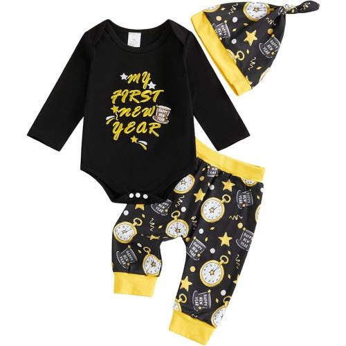 My First New Year Baby Boy Outfit Newborn Letter Print Long Sleeve Romper Top Balloon Pants with Hat 3 Piece Sets