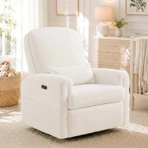 BaseBeauty Power Swivel Rocker Recliner, Nursery Recliner Glider Chair with Adjustable Headrest, Teddy White