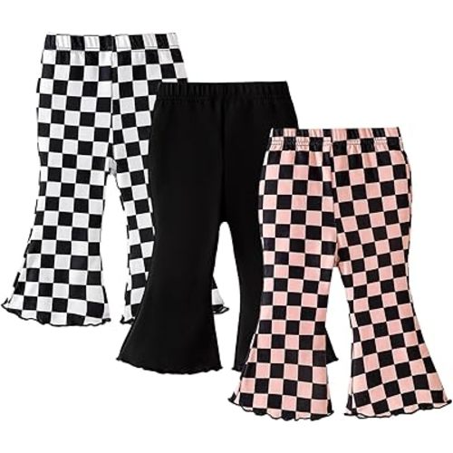SOBOWO Checkered Baby Girl Flare Pants 3 Pack Toddler Bell Bottoms Plaid Ruffle Leggings Pants Fall Winter Outfits Size 6M-4T