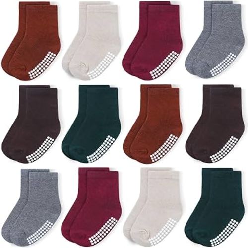 Baby Toddlers Crew Socks with Non-Slip Grip 12 Pack Cotton Stretch Socks | Soft Breathable Cotton, Non-Slip Sole Grips, for Hardwood/Tile Crawling, Walking, Daycare