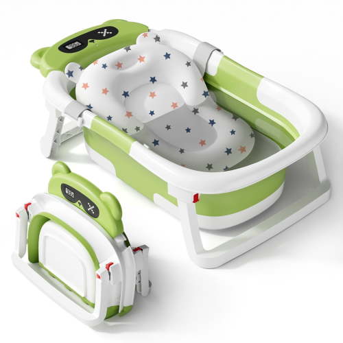 Babyomi Baby Bathtub with Durable Bath Tub and Cute Bear Thermometer, Soft Detachable Cushion No-Slip Hanging and Shower Hat, Foldable Bathtub for Newborn to Toddler, Green