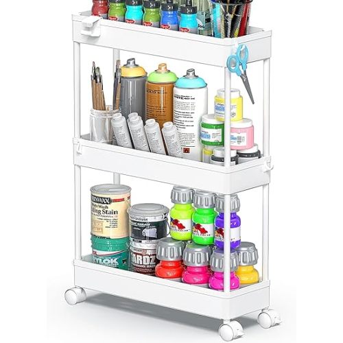 SPACEKEEPER Slim Rolling Storage Cart, 3 Tier Bathroom Storage Organizer Laundry Room Utility Cart Mobile Shelving Unit, Multi-Purpose for Kitchen Office Bathroom Laundry Narrow Places, White